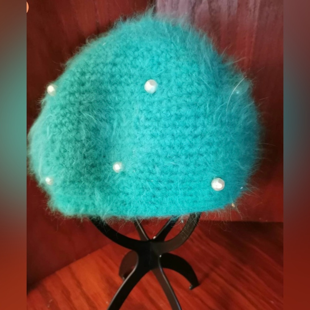 Teal 70% Angora Rabbit fur Hat with Pearls